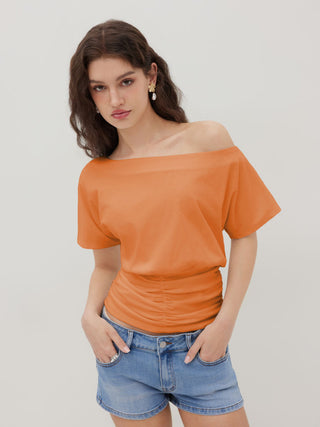 Cotton-blend Asymmetrical Neck Ruched Tee