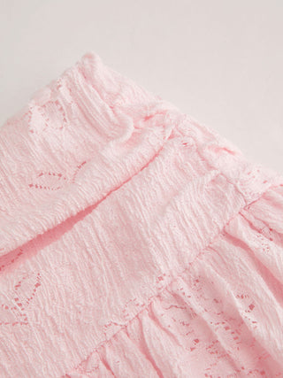 Lace V-neck Pointelle Bell Sleeve Crop Top With Ruched Mini Skirt Set
