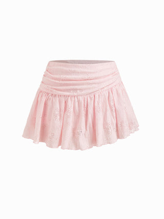 Lace V-neck Pointelle Bell Sleeve Crop Top With Ruched Mini Skirt Set