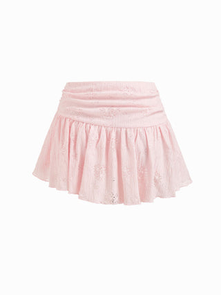 Lace V-neck Pointelle Bell Sleeve Crop Top With Ruched Mini Skirt Set