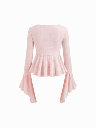 Lace V-neck Pointelle Bell Sleeve Crop Top With Ruched Mini Skirt Set