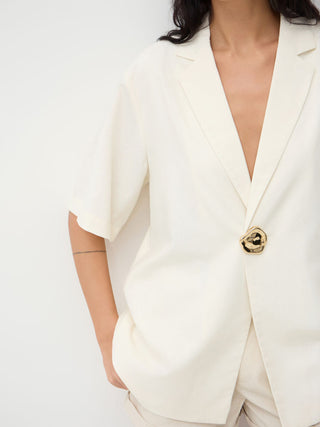Linen-blend Collar Metal Button Oversized Blazer