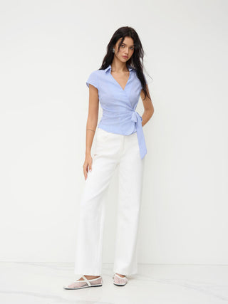 Cotton-blend Polo Neck Stripe Knotted Blouse