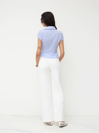 Cotton-blend Polo Neck Stripe Knotted Blouse