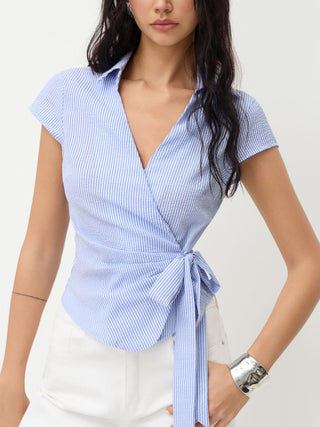Cotton-blend Polo Neck Stripe Knotted Blouse