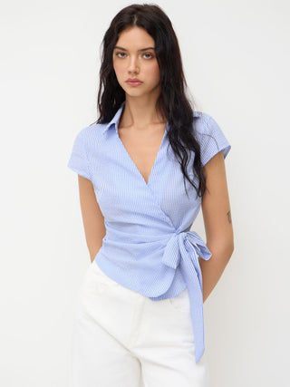 Cotton-blend Polo Neck Stripe Knotted Blouse