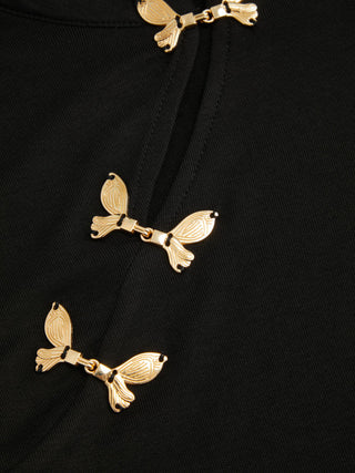 Mandarin Collar Metal Detail Cut Out Ruched Split Top