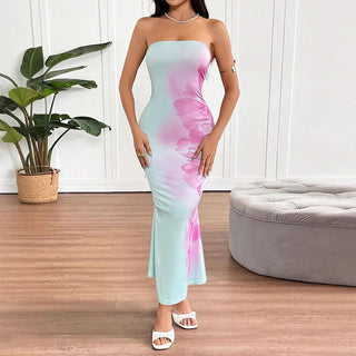 Flower print backless tube maxi dress
