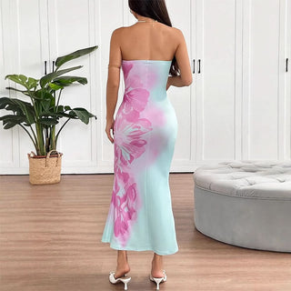 Flower print backless tube maxi dress