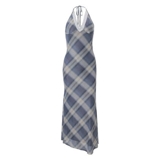 Lace hem v neck halter self tie plaid maxi dress