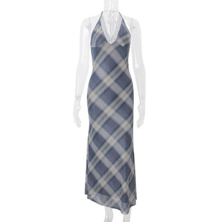 Lace hem v neck halter self tie plaid maxi dress