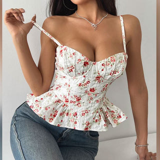 Lace up v neck flower print ruffle cami top