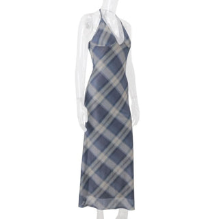 Lace hem v neck halter self tie plaid maxi dress