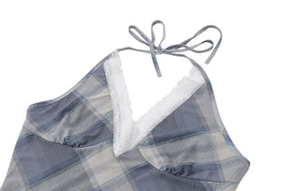 Lace hem v neck halter self tie plaid maxi dress