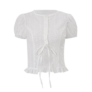 Short sleeve crewneck button hollow out crop cut out top