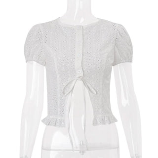 Short sleeve crewneck button hollow out crop cut out top