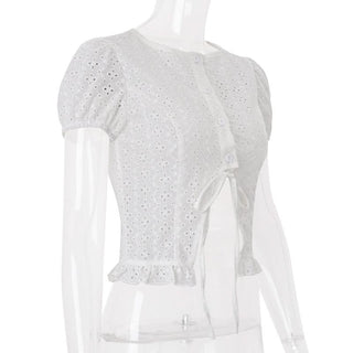 Short sleeve crewneck button hollow out crop cut out top