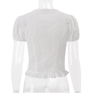 Short sleeve crewneck button hollow out crop cut out top