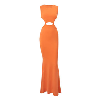 Hollow out crewneck orange backless cut out maxi dress