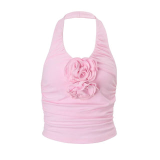 Halter ruched flower applique u neck top