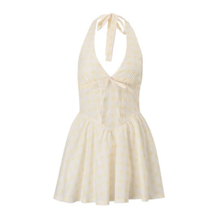 Halter self tie striped print v neck mini dress