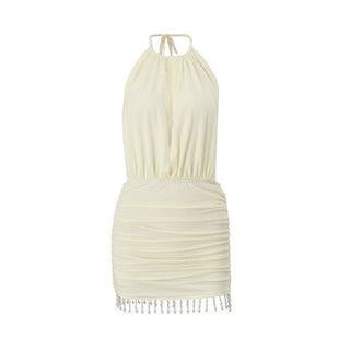 Ruched halter self tie beaded mini dress