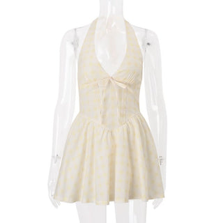 Halter self tie striped print v neck mini dress