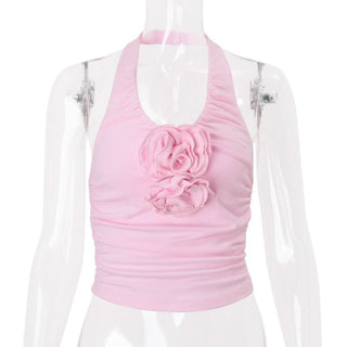 Halter ruched flower applique u neck top