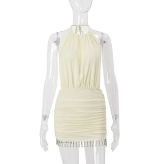 Ruched halter self tie beaded mini dress