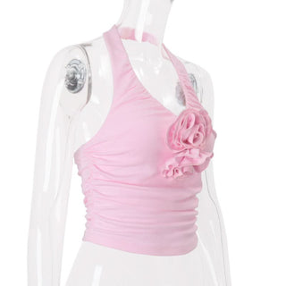 Halter ruched flower applique u neck top