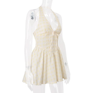 Halter self tie striped print v neck mini dress