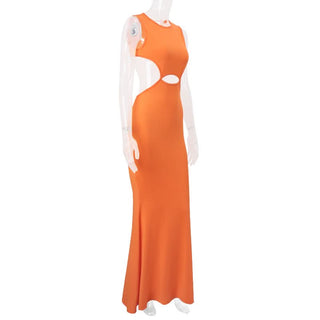 Hollow out crewneck orange backless cut out maxi dress