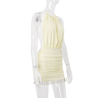 Ruched halter self tie beaded mini dress