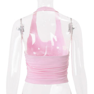 Halter ruched flower applique u neck top