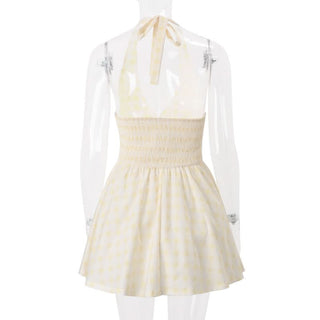 Halter self tie striped print v neck mini dress