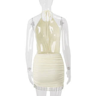 Ruched halter self tie beaded mini dress