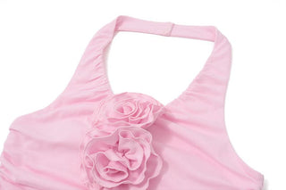 Halter ruched flower applique u neck top