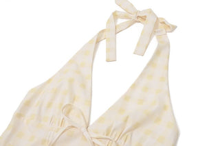 Halter self tie striped print v neck mini dress