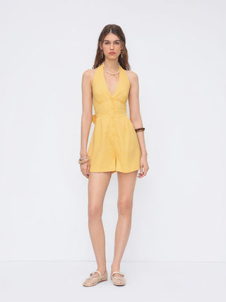 Linen-blend V-neck Button Bowknot Backless Romper