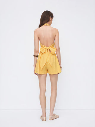 Linen-blend V-neck Button Bowknot Backless Romper