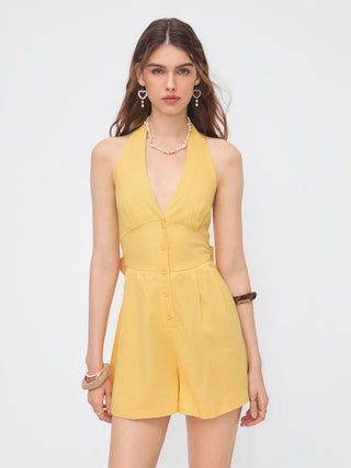 Linen-blend V-neck Button Bowknot Backless Romper
