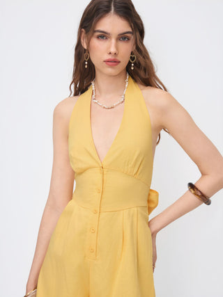 Linen-blend V-neck Button Bowknot Backless Romper