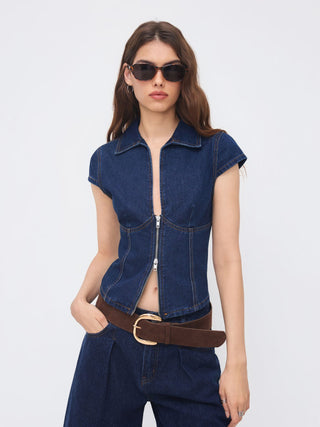 Denim Polo Neck Zip Through Blouse