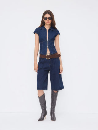 Denim Polo Neck Zip Through Blouse