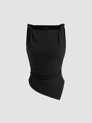 Jersey Boat Neck Asymmetrical Hem Ruched Tank Top For Daily Casual Work