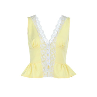 Lace hem v neck button ruched tank top