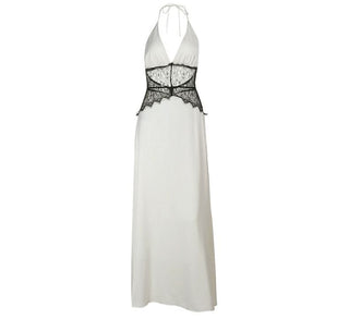 Halter self tie v neck lace hem zip-up maxi dress