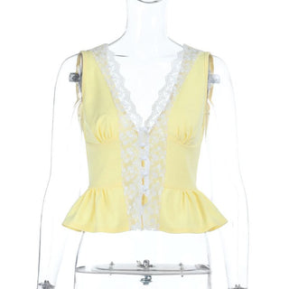 Lace hem v neck button ruched tank top