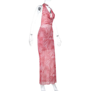 Leopard print cowl neck halter mesh maxi dress