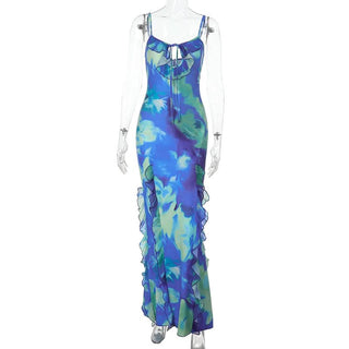 Ruffle hollow out self tie print cami cut out maxi dress